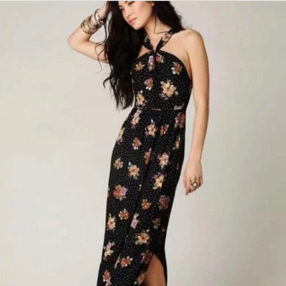 Free People Vintage Floral Halter Maxi Dress Jersey Knit Size L - Picture 1 of 8